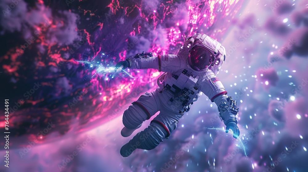 Poster a futuristic artist in a sleek spacesuit, floating in zero gravity, creating art using holographic b