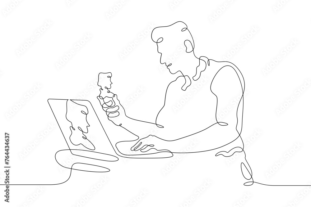 Poster one continuous line.the man at the computer. 3d modeler at work. 3d modeling. game designer. designe