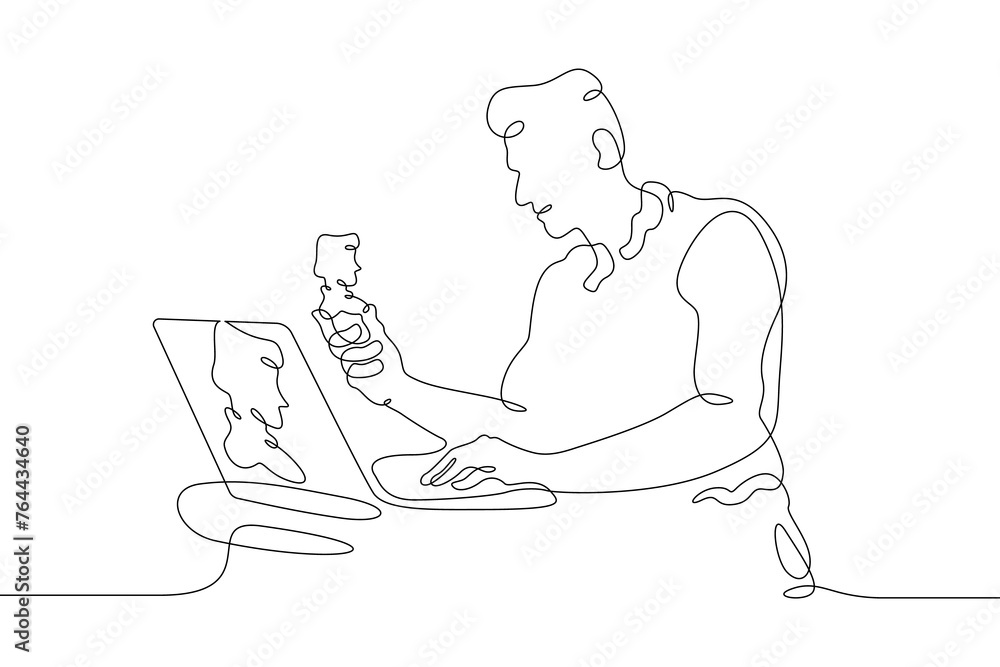 Poster one continuous line.the man at the computer. 3d modeler at work. 3d modeling. game designer. designe