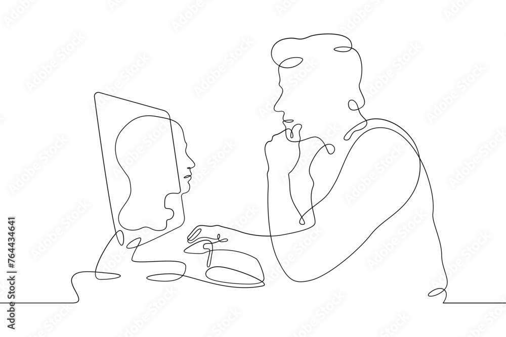 Poster one continuous line.the man at the computer. 3d modeler at work. 3d modeling. game designer. designe