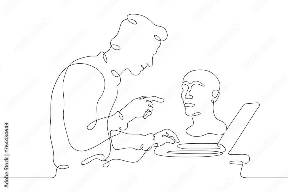 Poster one continuous line.the man at the computer. 3d modeler at work. 3d modeling. game designer. designe