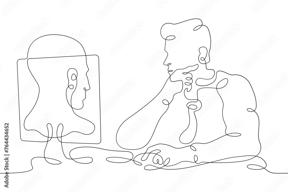Poster one continuous line.the man at the computer. 3d modeler at work. 3d modeling. game designer. designe