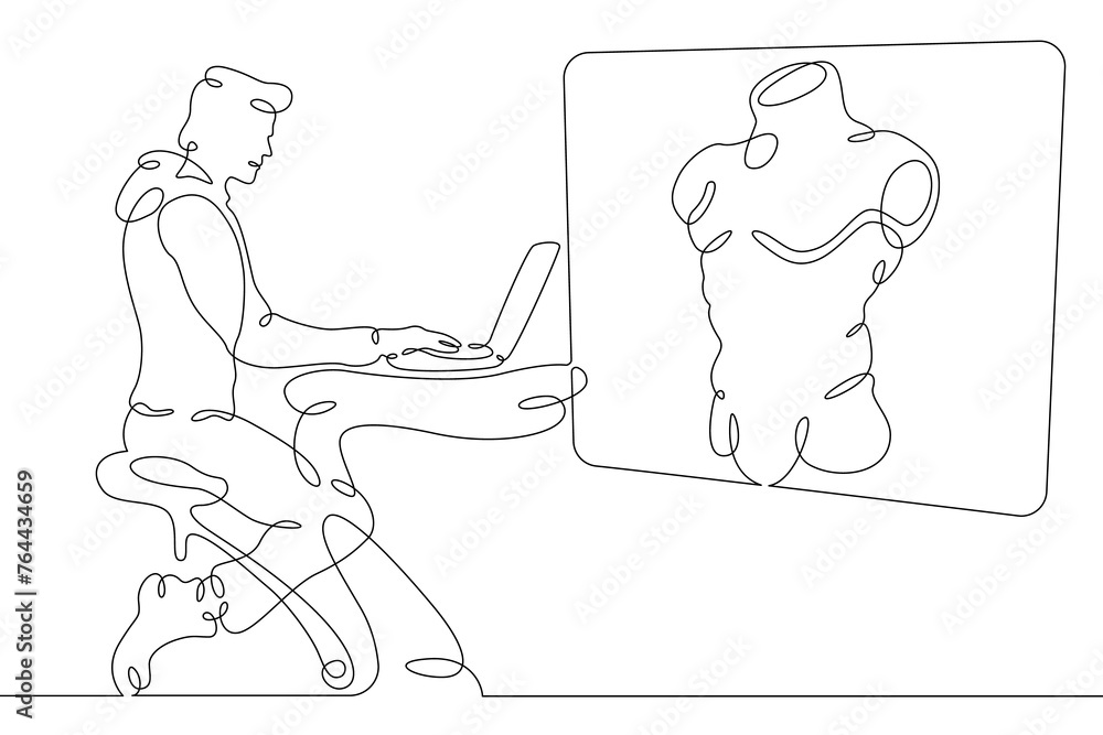 Poster one continuous line.the man at the computer. 3d modeler at work. 3d modeling. game designer. designe
