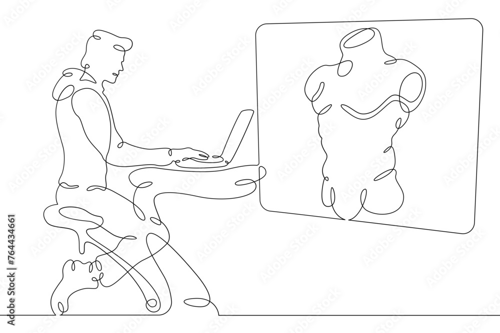 Poster one continuous line.the man at the computer. 3d modeler at work. 3d modeling. game designer. designe