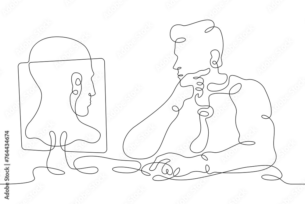 Poster one continuous line.the man at the computer. 3d modeler at work. 3d modeling. game designer. designe