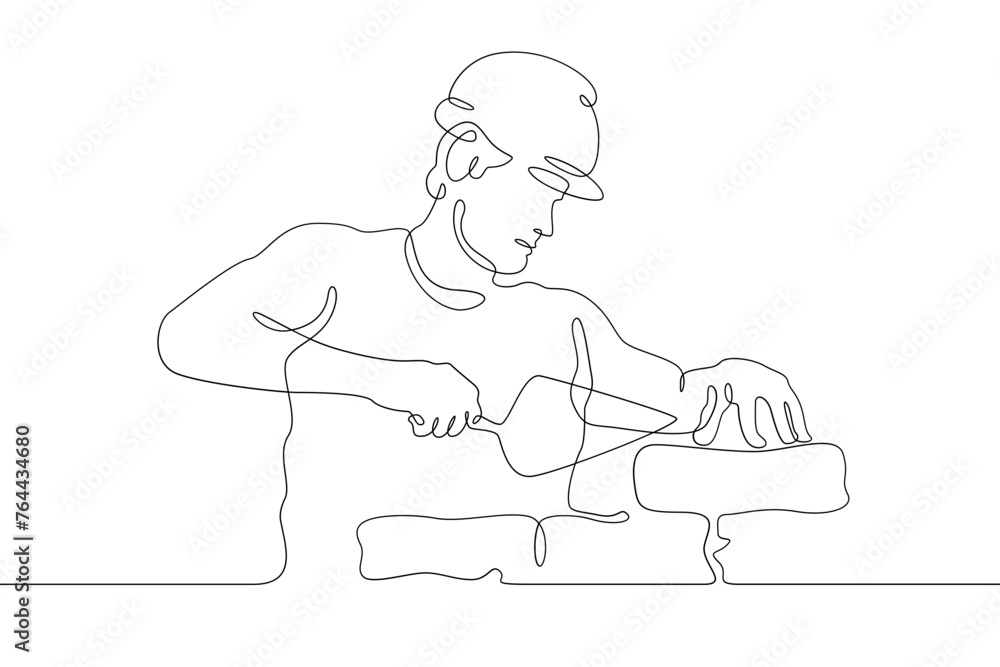 Poster one continuous line.bricklayer at a construction site. home construction.builder with a tool in his 