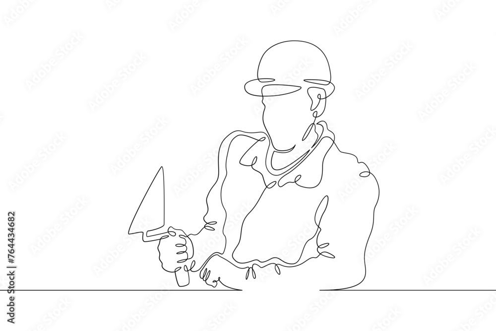 Poster one continuous line.bricklayer at a construction site. home construction.builder with a tool in his 