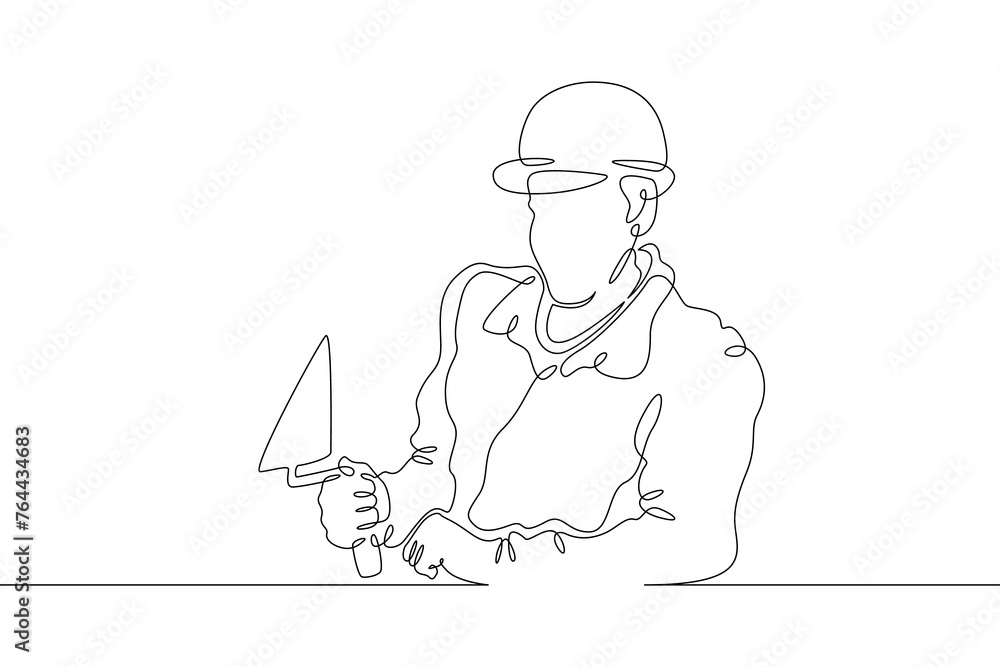 Poster one continuous line.bricklayer at a construction site. home construction.builder with a tool in his 