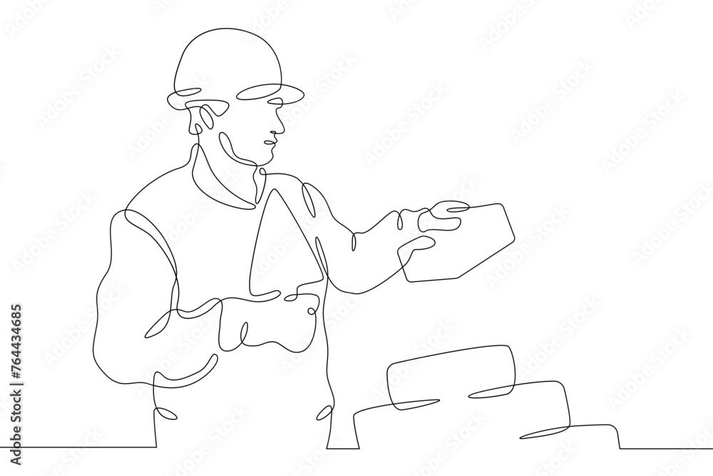 Poster one continuous line.bricklayer at a construction site. home construction.builder with a tool in his 