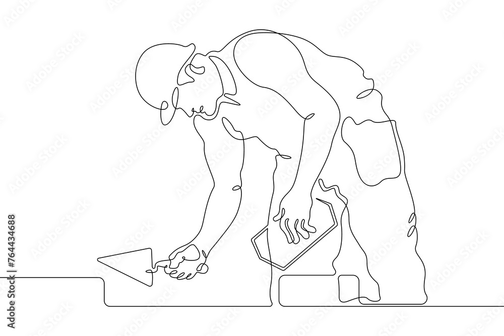 Poster one continuous line.bricklayer at a construction site. home construction.builder with a tool in his 