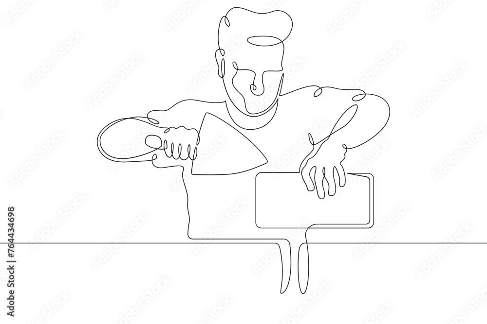 Poster one continuous line.bricklayer at a construction site. home construction.builder with a tool in his 