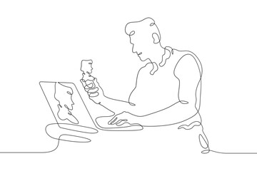 One continuous line.The man at the computer. 3D modeler at work. 3D modeling. Game Designer. Designer at laptop. One continuous line is drawn on a white background.