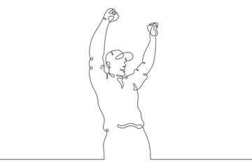 One continuous line. Celebration of people. Man celebrating success victory. Emotional joy. Happy man. One continuous line is drawn on a white background.
