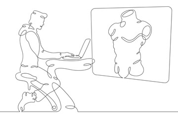 One continuous line.The man at the computer. 3D modeler at work. 3D modeling. Game Designer. Designer at laptop. One continuous line is drawn on a white background.