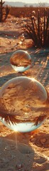 A desert landscape sculpted onto golden balls, mirroring dunes, cacti, and desert creatures Realistic photography style capturing the arid beauty under the warm glow of the golden hour sun