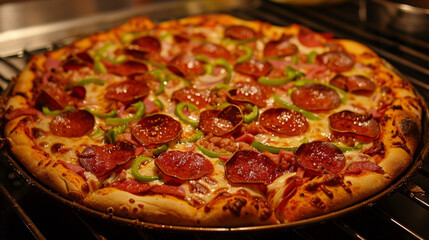 A freshly baked pizza topped with slices of pepperoni and green peppers, creating a perfect blend of flavors and colors.