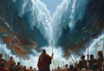 Generative AI of Moses Parting the Red Sea: A Biblical Miracle concept for Faith in Action, Divine Power, and Exodus Journey - 764435012