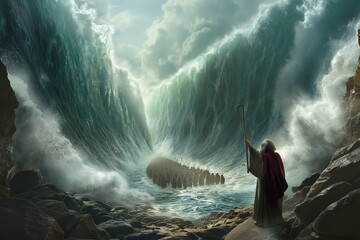 Generative AI of Moses and the Red Sea Miracle concept for God's Power, A Walk on Dry Land, Historic Faith, and Religious Epics