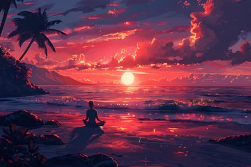 Tuinposter Meditating on the beach during sunset © Articre8ing