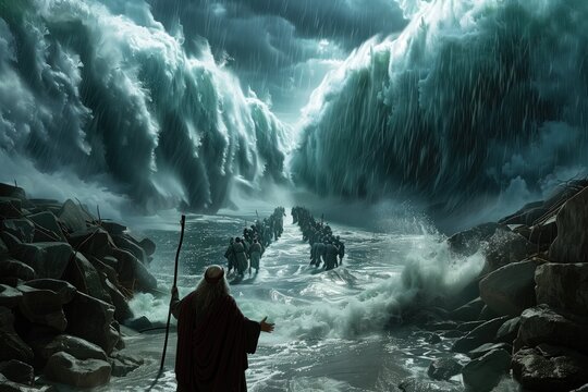 Generative AI of Moses Commands the Waves concept for Ancient Miracles, Surreal Seascape, Spiritual Leadership, and Biblical Stories