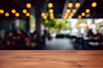 wood table with blur of people in cafe or restaurant on background