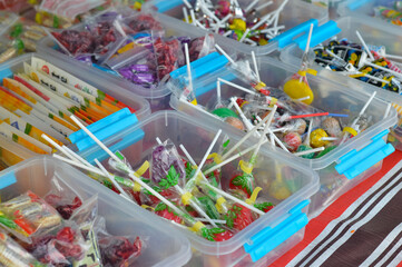 Perlis, malaysia: March 22nd 2024:Candy displays for sale at the shop serve as irresistible attractions for kids, though not recommended for health