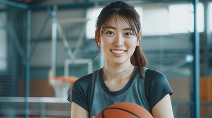 バスケットボールをする若い女性