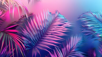tropical palm leaves in vibrant neon gradient holograph - obrazy, fototapety, plakaty