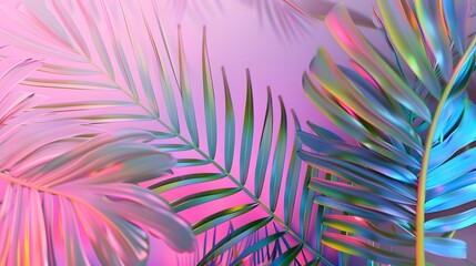 tropical palm leaves in vibrant neon gradient holograph - obrazy, fototapety, plakaty