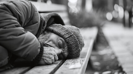 Poignant black and white image of a homeless person sleeping on a bench, evoking themes of poverty, urban life, and social issues. - obrazy, fototapety, plakaty