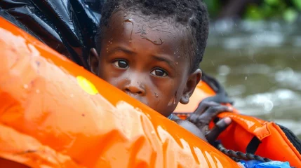 Foto op Plexiglas A young boy watches with relief as he is lifted into a rescue boat escaping the rising waters that threatened his familys home. © Justlight