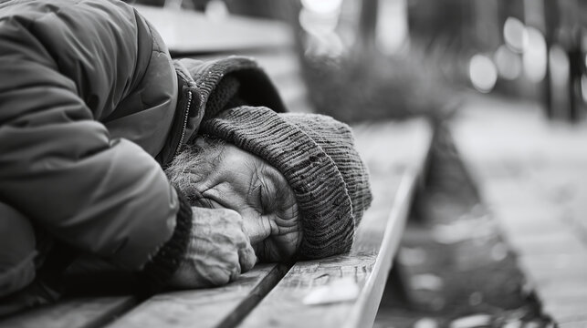 Poignant black and white image of a homeless person sleeping on a bench, evoking themes of poverty, urban life, and social issues.