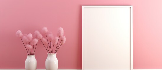 A simple blank poster hanging on a soft pink wall surrounded by elegant glass vases for home decoration