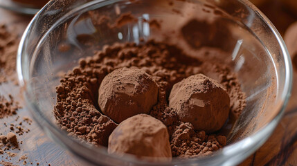 A glass bowl filled with delicious chocolate truffles sits on a rustic wooden table.