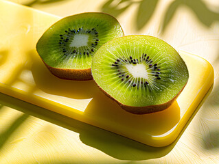 In a brightly lit, minimalist setting, a freshly cut kiwi half sits on a matte yellow cutting board.