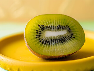 In a brightly lit, minimalist setting, a freshly cut kiwi half sits on a matte yellow cutting board.