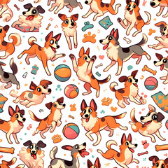 A repeating pattern of cartoon-style dogs in various playful poses
