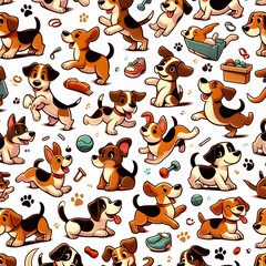 A repeating pattern of cartoon-style dogs in various playful poses