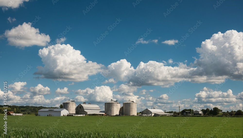 Wall mural Agricultural farm panorama featuring a farmhouse and silo amidst green fields under a clear blue sky