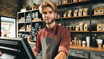 Young attractive barista serving customers at a cash register in a hip coffee shop - obrazy, fototapety, plakaty