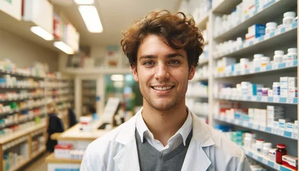 Fotobehang Portrait of a handsome male pharmacist posing in a drugstore with shelves of medicine © ibreakstock
