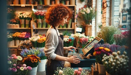 Young florist working at a cash register surrounded by flower bouquets - obrazy, fototapety, plakaty