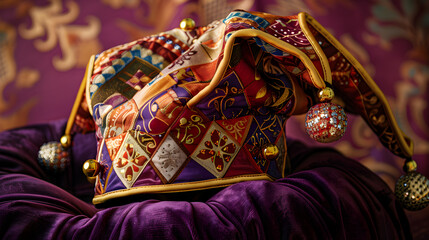 A close - up of a jester hat with intricate patterns and shiny bells, resting on a velvet cushion.