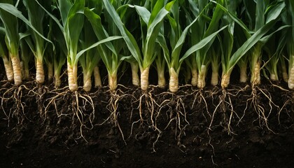 Corn plant in soil, side perspective revealing the roots, highlighting maize growth - obrazy, fototapety, plakaty