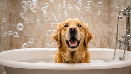 Joyful golden retriever enjoying a bubbly bath, bathtub filled with soap foam - 764437242