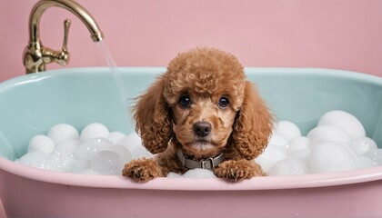Cute poodle puppy enjoying a bubbly bath in a mini bathtub with soap foam - 764437244