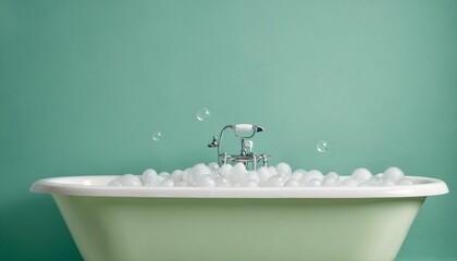 Minimalistic white bathtub with bubbles, set against a flat pastel green backdrop with copy space - 764437247