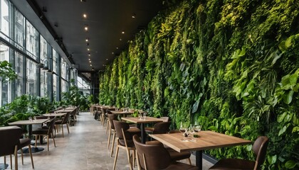 Eco-friendly cafe or restaurant interior with living green wall, vertical garden in biophilic design style - 764437248