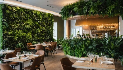 Contemporary dining space with biophilic design, living wall and vertical garden for an eco-friendly setting - 764437250