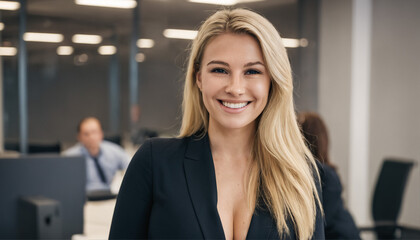 Welcoming blonde woman as office worker, smiling receptionist with modern office background - 764437256